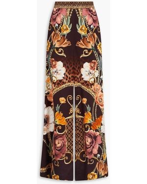 CAMILLA Crystal-Embellished Printed Silk-Satin Wide-Leg Pants - Brown