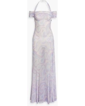 Jacquemus Cutout Printed Stretch-Mesh Halterneck Maxi Dress - White
