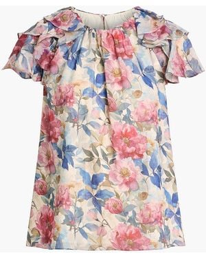 Mikael Aghal Ruffled Floral-Print Chiffon Top - White