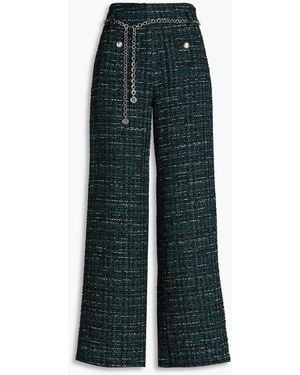 Maje Belted Metallic Bouclé-tweed Wide-leg Pants - Green