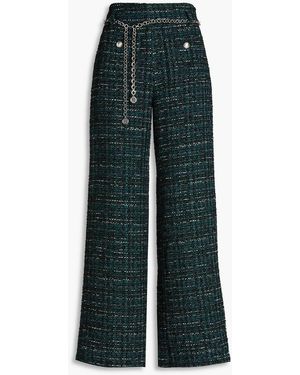 Maje Belted Metallic Bouclé-tweed Wide-leg Trousers - Green