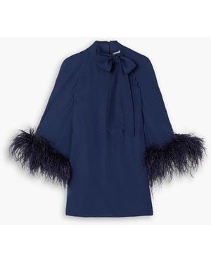 Huishan Zhang Colette Bow-detailed Feather-trimmed Crepe Top - Blue