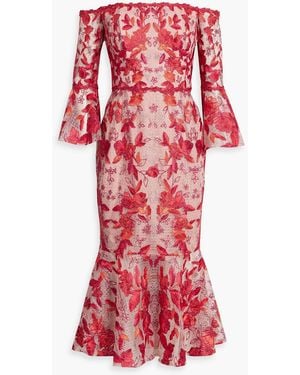 Marchesa Off-the-shoulder Fluted Embroide Tulle Midi Dress - Red