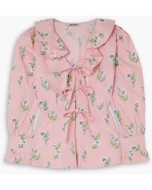 BATSHEVA Nia Tie-front Ruffled Floral-print Cotton-poplin Blouse - Pink