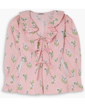 BATSHEVA Nia Tie-front Ruffled Floral-print Cotton-poplin Blouse - Pink