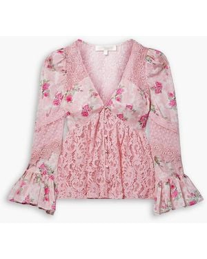 LoveShackFancy Priema bluse aus seidensatin mit blumenprint mit ein- und besätzen aus besticktem tüll und häkelspitze - Pink
