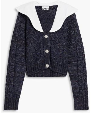Ganni Poplin-Trimmed Donegal Cable-Knit Cardigan - Blue