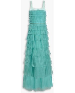 Costarellos Kali Crystal-Embellished Tiered Plissé Tulle Gown - Blue