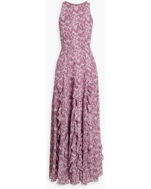 Mikael Aghal Ruffled Floral-Print Chiffon Maxi Dress - Purple