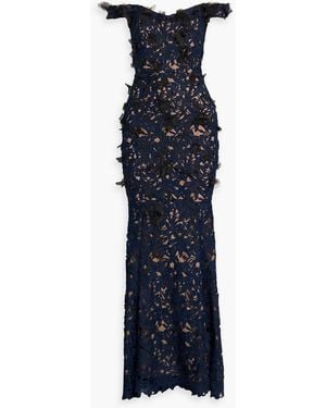 Marchesa Off-The-Shoulder Guipure Lace Gown - Blue