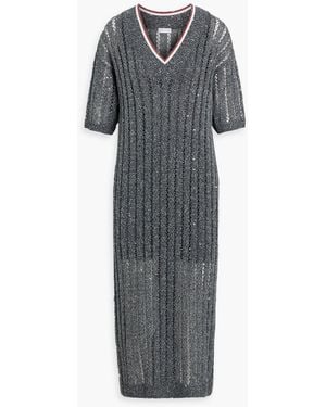 Brunello Cucinelli Sequin-Embellished Open-Knit Linen-Blend Midi Dress - Gray