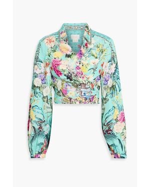 CAMILLA Cropped Crystal-Embellished Floral-Print Linen Wrap Top - Blue