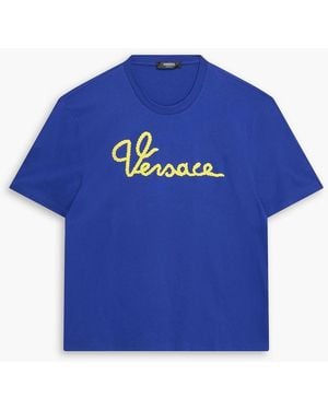 Versace Embroidered Cotton-Jersey T-Shirt - Blue