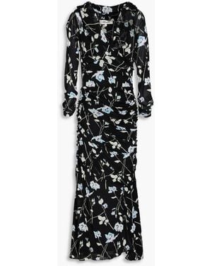 Diane von Furstenberg Ganesa Off-The-Shoulder Ruched Floral-Print Stretch-Mesh Midi Dress - Black