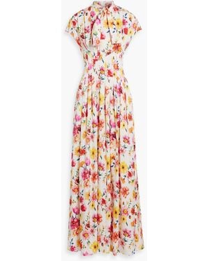 Mikael Aghal Pussy-Bow Pleated Floral-Print Satin Maxi Dress - White