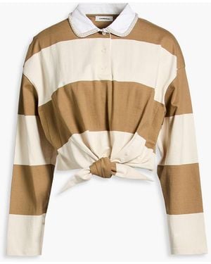 Sandro Cropped Knotted Striped Cotton-jersey Polo Shirt - Natural