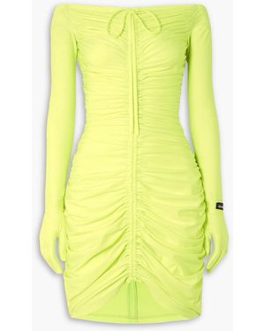 Quinn Off-the-shoulder Ruched Neon Stretch-jersey Mini Dress - Yellow