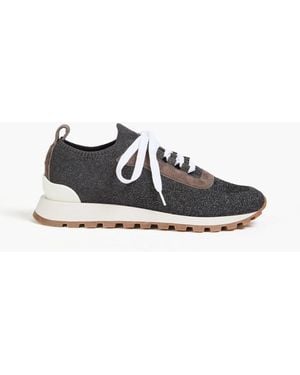 Brunello Cucinelli Suede-Trimmed Metallic Knitted Trainers - Black