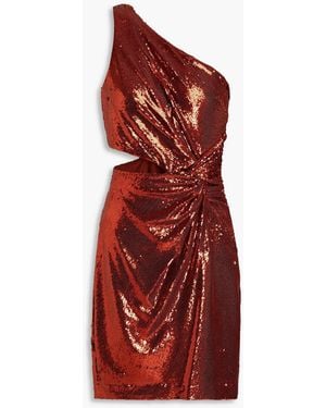 Halston Val One-shoulder Cutout Sequined Mesh Mini Dress - Red