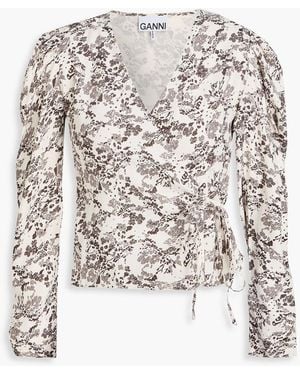 Ganni Floral-print Twill Wrap Blouse - White