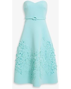 Badgley Mischka Strapless Laser-Cut Scuba Midi Dress - Blue