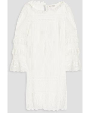 Saloni Lea Lace-trimmed Ruffled Cotton Mini Dress - White