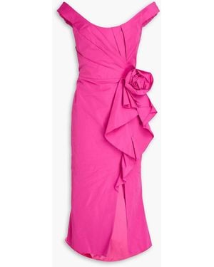 Marchesa Off-The-Shoulder Floral-Appliquéd Taffeta Midi Dress - Pink
