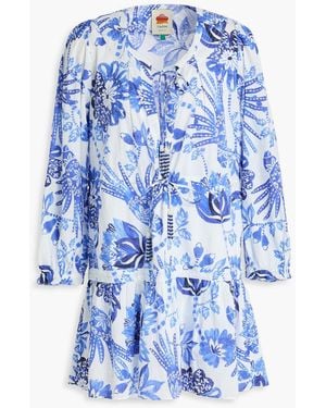 FARM Rio Bead-Embellished Printed Swiss-Dot Cotton Mini Dress - Blue