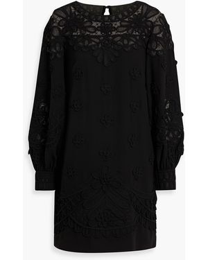 Carolina Herrera Floral-Appliquéd Tulle And Crepe Mini Dress - Black