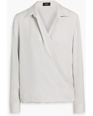 Theory Wrap-Effect Silk Crepe De Chine Blouse - White