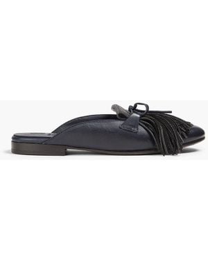 Brunello Cucinelli Bead-Embellished Fringed Leather Slippers - Black