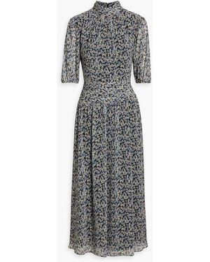 Mikael Aghal Gathered Floral-Print Chiffon Midi Dress - Gray