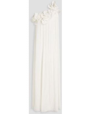 Costarellos Charmain One-Shoulder Floral-Appliquéd Georgette Gown - White