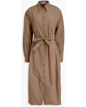 Brunello Cucinelli Gestreiftes hemdkleid aus einer baumwollmischung in midilänge mit zierperlen - Braun