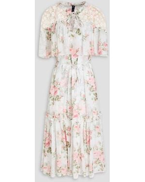 Needle & Thread Carla Embroidered Tulle-paneled Floral-print Chiffon Midi Dress - White