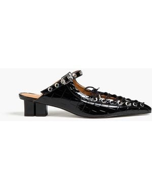 Ganni Lace-Up Glossed Croc-Effect Mules - Black