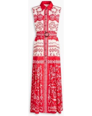 Saloni Nya Pleated Floral-Print Linen Midi Shirt Dress - Red