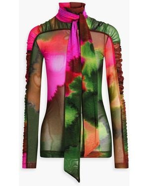 Dries Van Noten Ruched Tie-Dyed Stretch-Mesh Turtleneck Top - Pink