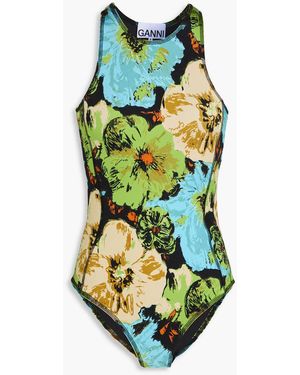 Ganni Floral-print Satin-jersey Bodysuit - Green