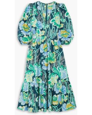 Emporio Sirenuse Loretta Tiered Floral-print Cotton-poplin Midi Dress - Green