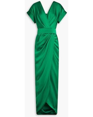Rhea Costa Jaya Belted Draped Satin Maxi Dress - Green