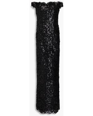 Marchesa Off-the-shoulder Sequined Guipure Lace Gown - Black