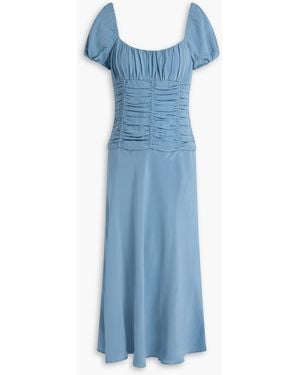 STAUD Elba Ruched Washed-Silk Midi Dress - Blue