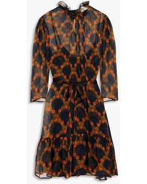 Saloni Melody Ruffled Printed Silk-georgette Mini Dress - Brown