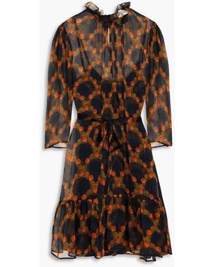 Saloni Melody Ruffled Printed Silk-georgette Mini Dress - Brown