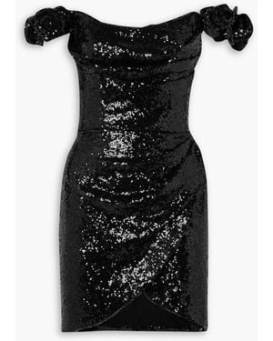 Costarellos Off-the-shoulder Appliquéd Draped Sequined Crepe Mini Dress - Black