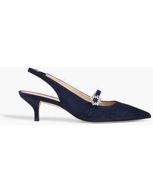 Stuart Weitzman Aura 50 Crystal-Embellished Suede Slingback Mary Jane Pumps - Blue