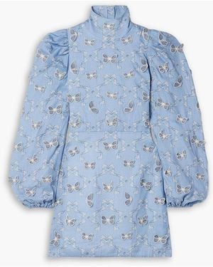 Agua Bendita Guaba Lymanopoda Appliquéd Printed Linen Turtleneck Mini Dress - Blue