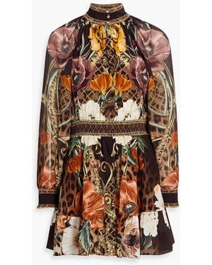 CAMILLA Crystal-Embellished Printed Silk Crepe De Chine Mini Dress - Brown