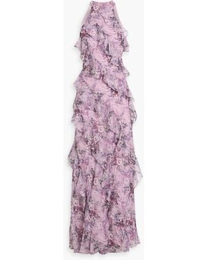 Mikael Aghal Ruffled Floral-Print Chiffon Maxi Dress - Purple